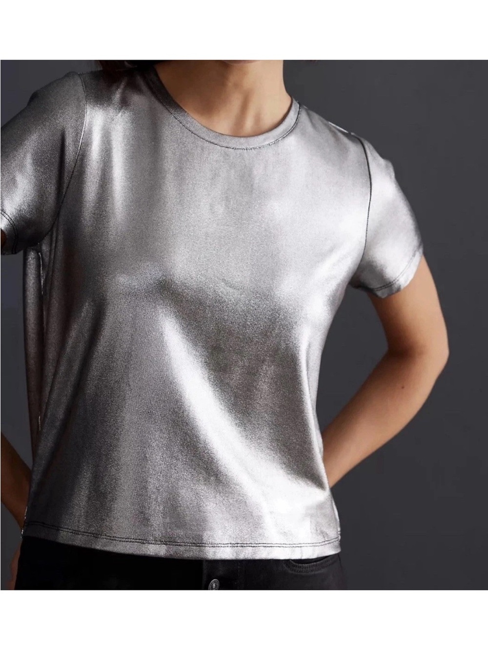 Porridge Top Womens M Silver Glam Tee Metallic Short Sleeve Shiny Shimmer Crew - Picture 3 of 10